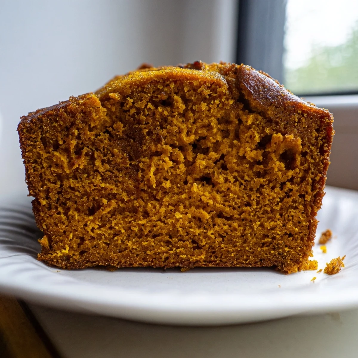 A freshly baked pumpkin bread loaf with a moist crumb and warm spices, sliced to reveal the tender interior.