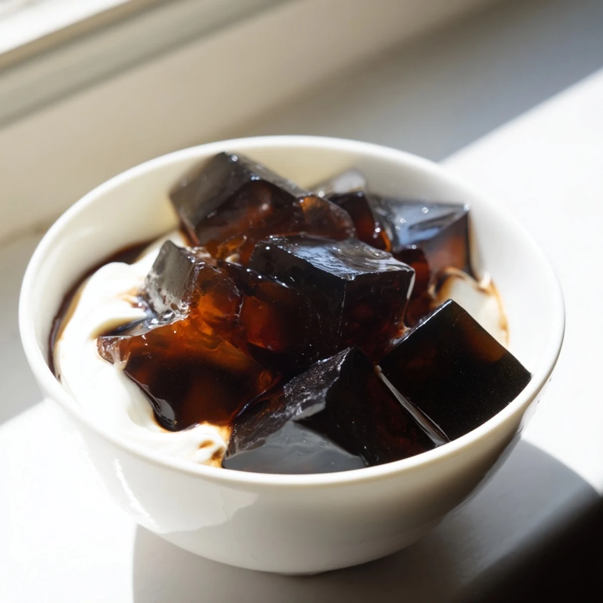 Glistening coffee jelly cubes in a clear glass, topped with a dollop of softly whipped sweetened cream.  