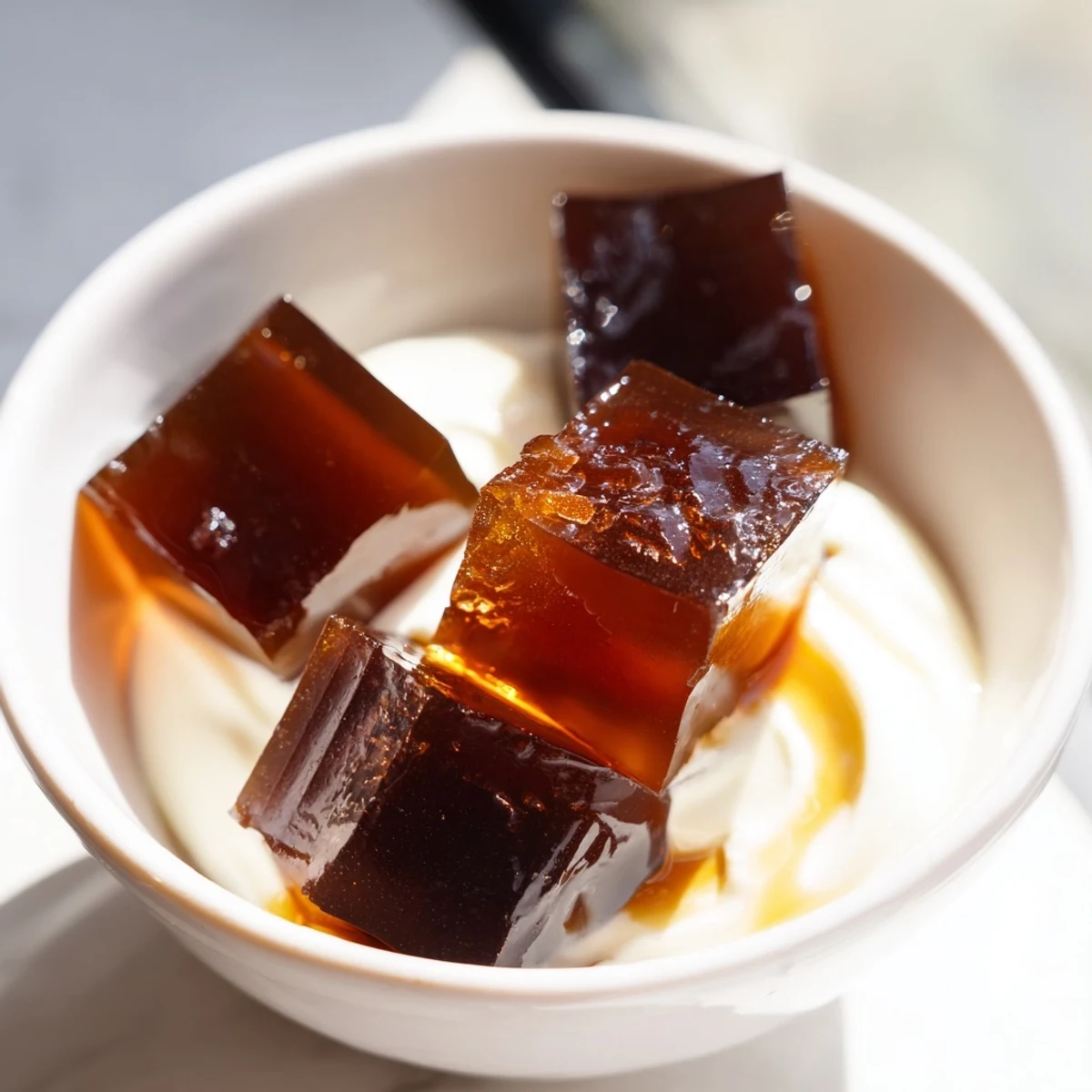 Delicate cubes of rich coffee jelly nestled in a bowl, drizzled with vanilla-sweetened cream topping.