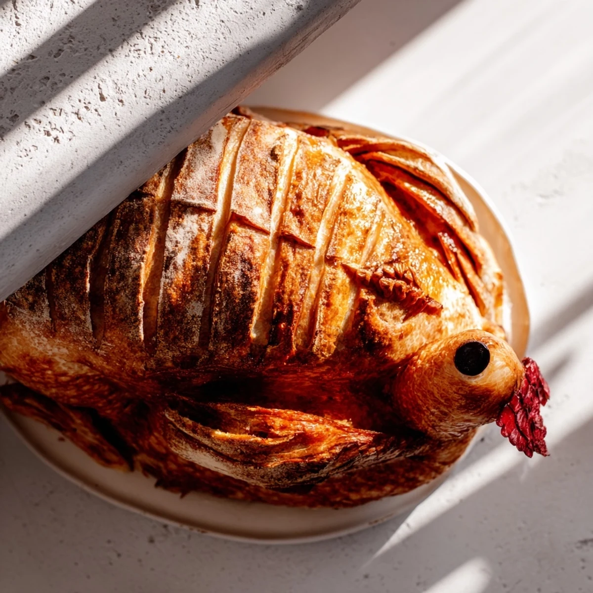 Festive turkey sourdough loaf with rustic scoring, serving suggestion with butter and herbs on a Thanksgiving table. 