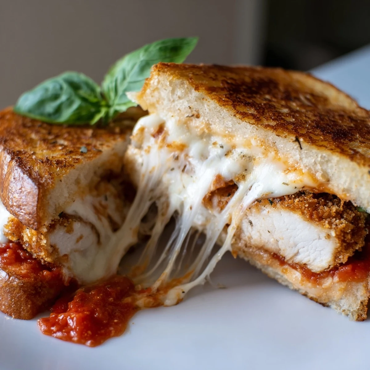 Crispy breaded chicken and melted mozzarella in this Chicken Parm Grilled Cheese sandwich, served on golden garlic butter toast.