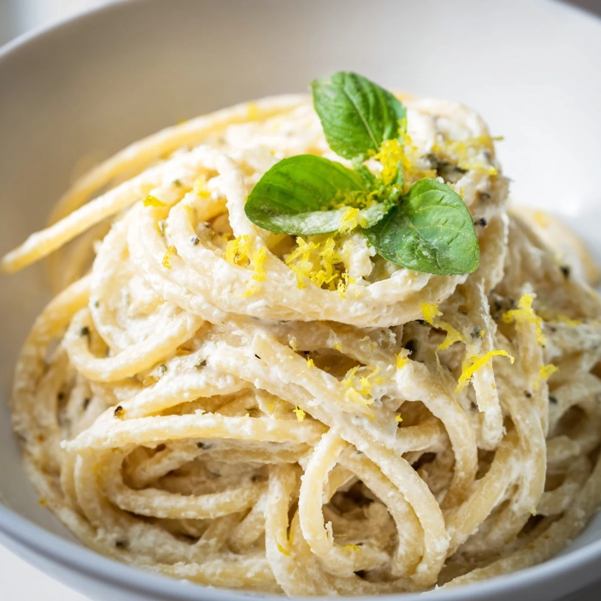 Steam rises from a comforting bowl of Lemon Ricotta Pasta, garnished with chopped parsley and a wedge of lemon for brightness.
