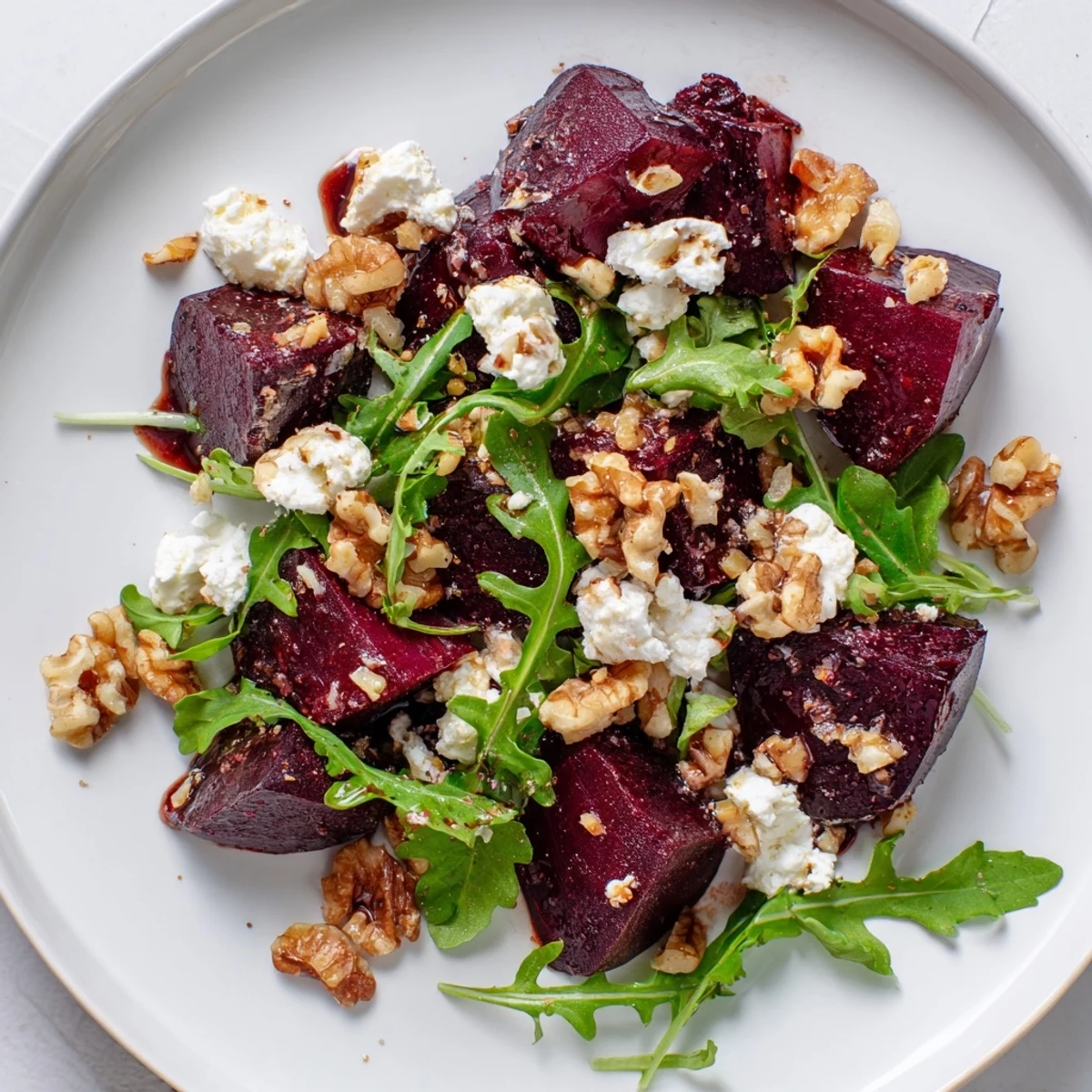 Sliced roasted beets, crumbled goat cheese, and crunchy walnuts make this Roasted Beet Goat Cheese Salad a colorful dish.