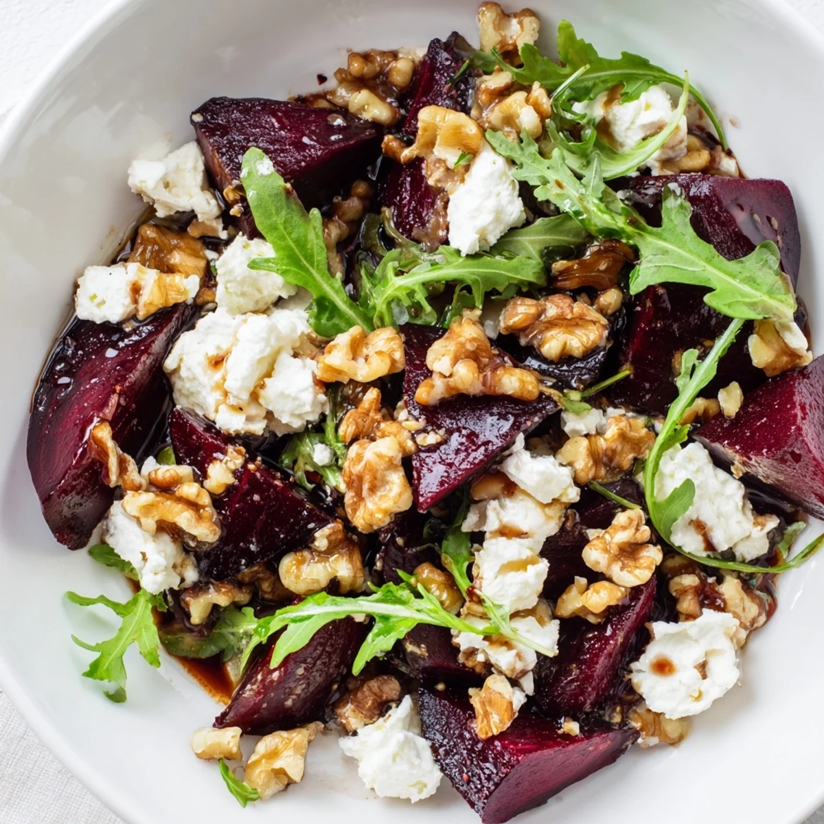 Golden roasted beets and tangy goat cheese top a bed of peppery arugula in this Roasted Beet Goat Cheese Salad.  