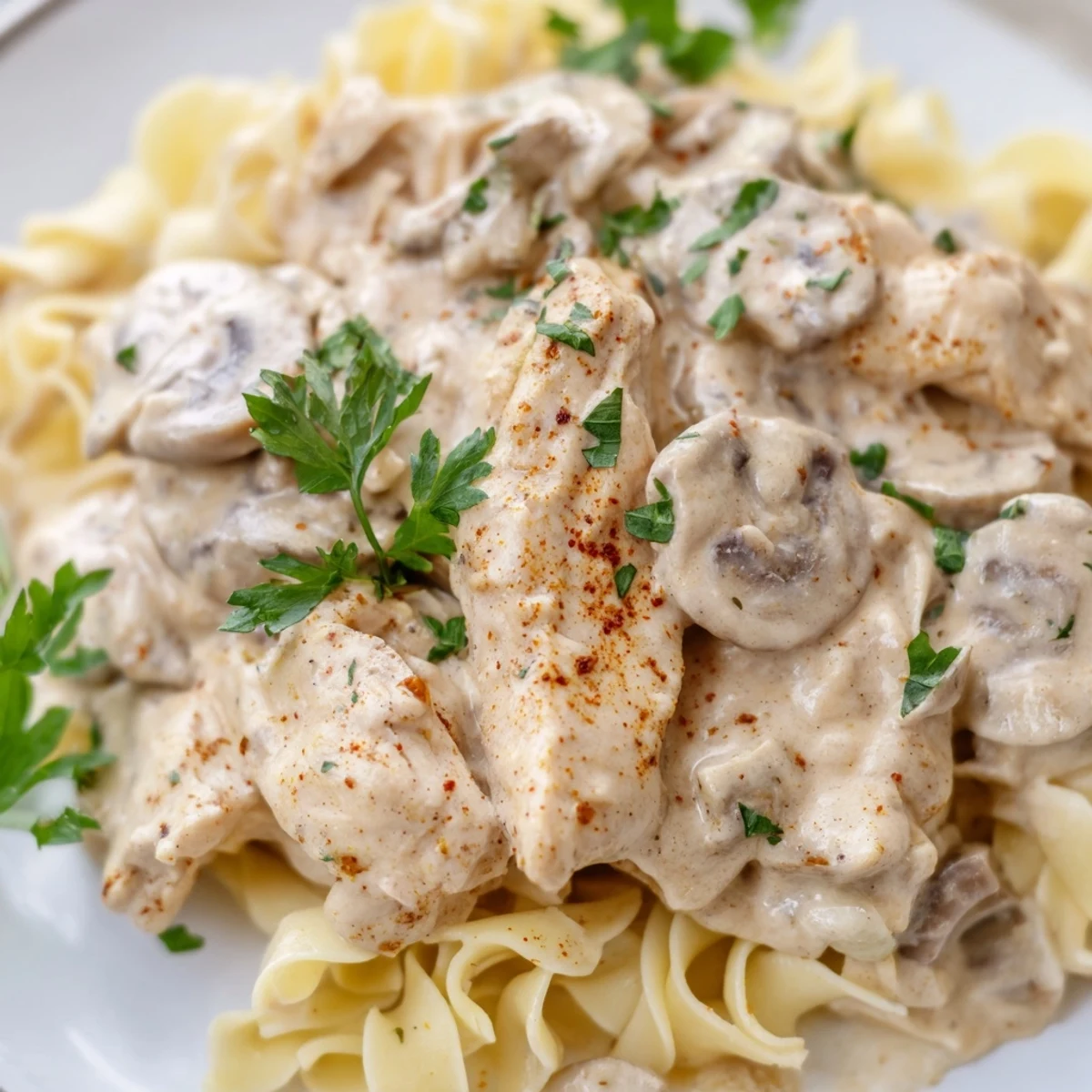 Golden-brown chicken strips and sautéed mushrooms in a rich, creamy paprika sauce, served over buttery egg noodles for a comforting Chicken and Mushroom Stroganoff.
