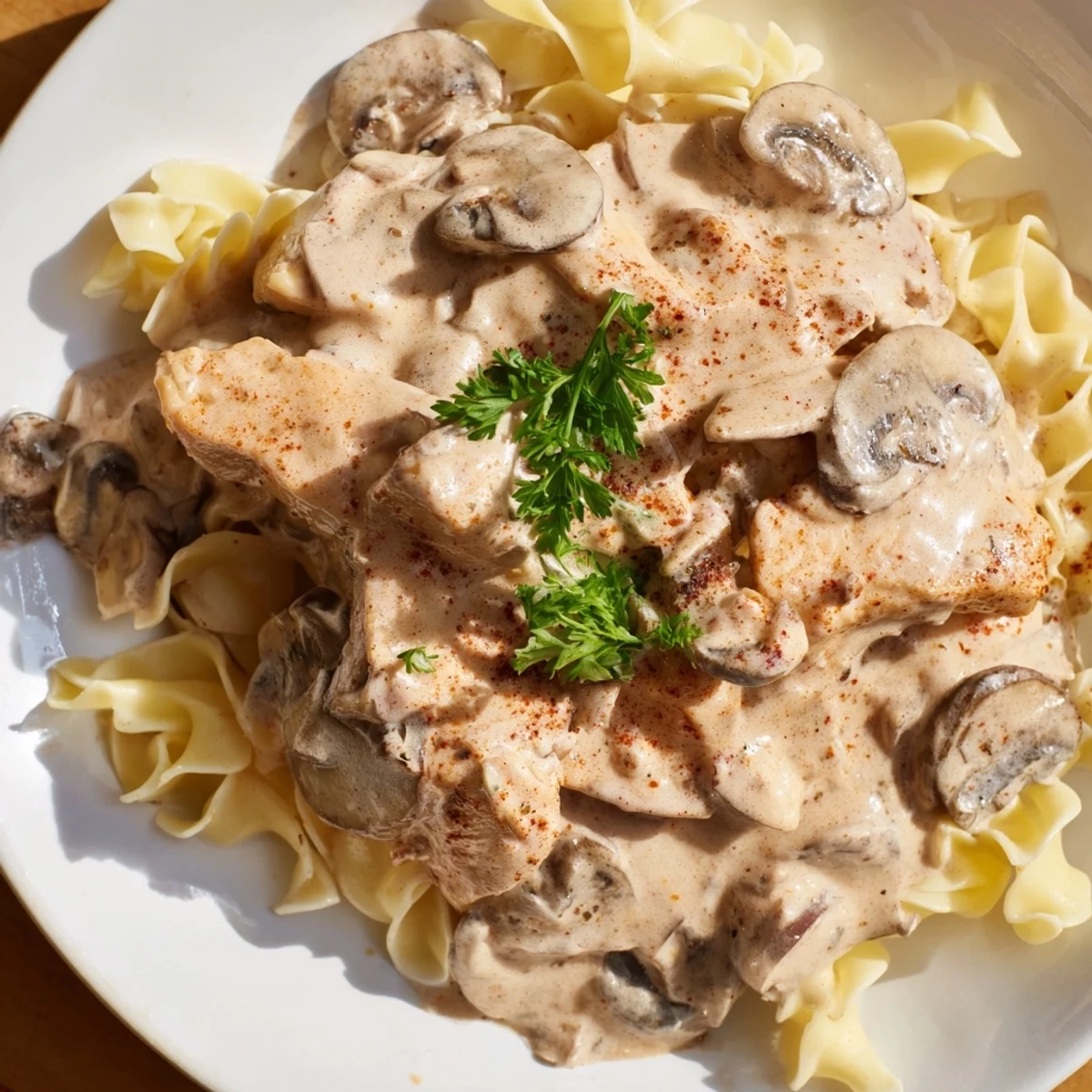 A close-up of tender Chicken and Mushroom Stroganoff featuring glossy sauce, fresh parsley garnish, and steaming noodles ready for a hearty weeknight dinner.