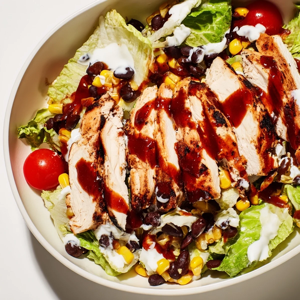 Vibrant BBQ Chicken Salad with smoky sliced chicken, charred corn, black beans, and creamy ranch drizzle.