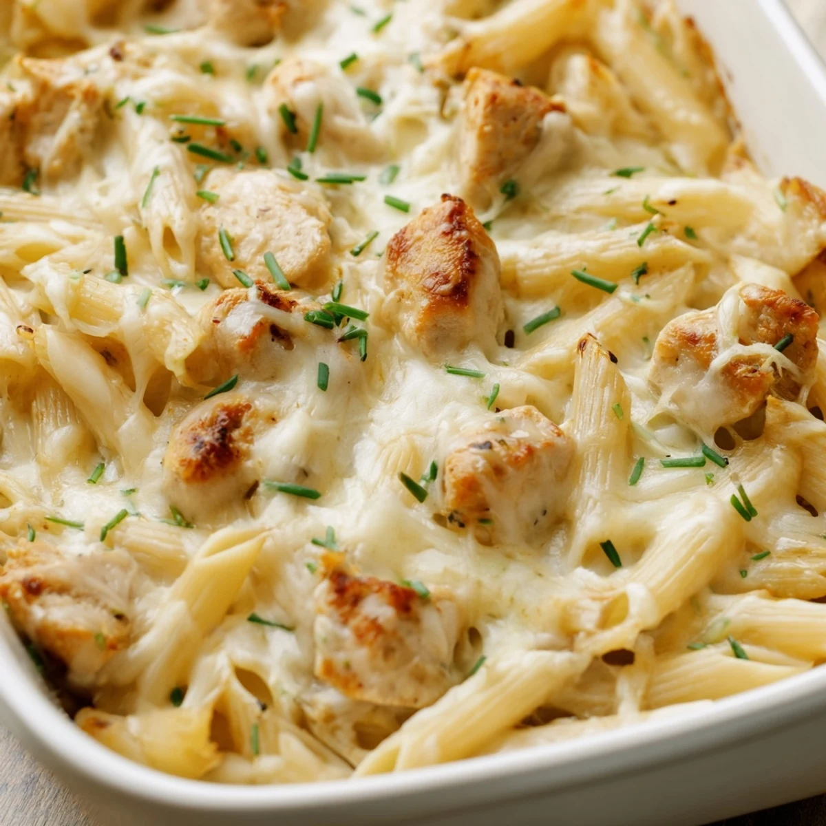 Golden brown Chicken Ranch Pasta Bake fresh from the oven, topped with bubbly mozzarella and fresh chives.