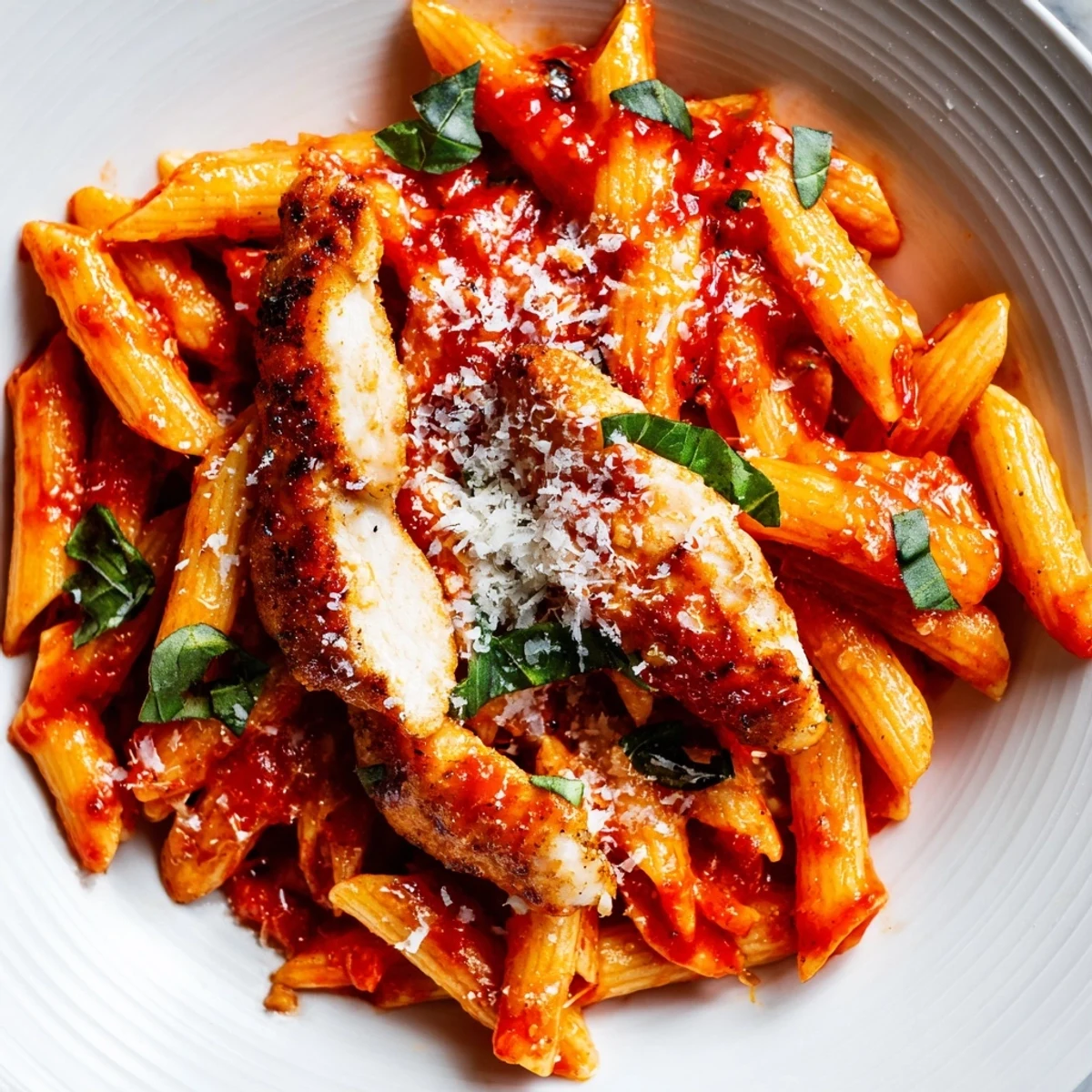 Freshly cooked Spicy Tomato Chicken Pasta features golden seared chicken strips resting on penne coated in a vibrant, zesty chili tomato sauce.  