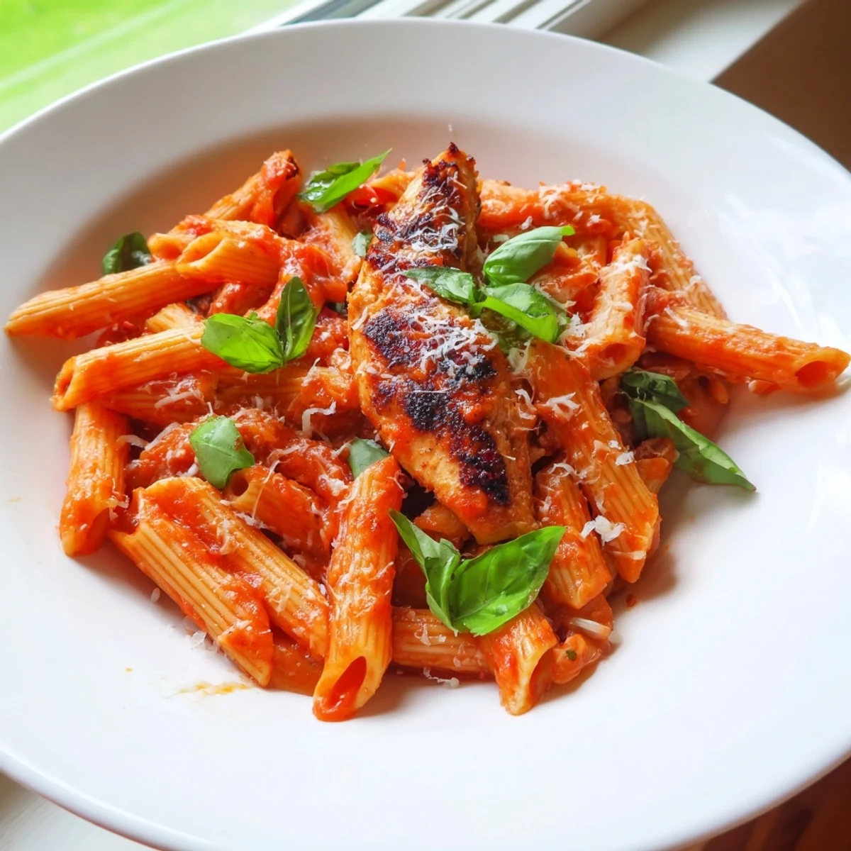 Al dente penne pasta tossed with juicy chicken strips in a bold, chili-infused tomato sauce, served hot and garnished with fresh basil.  