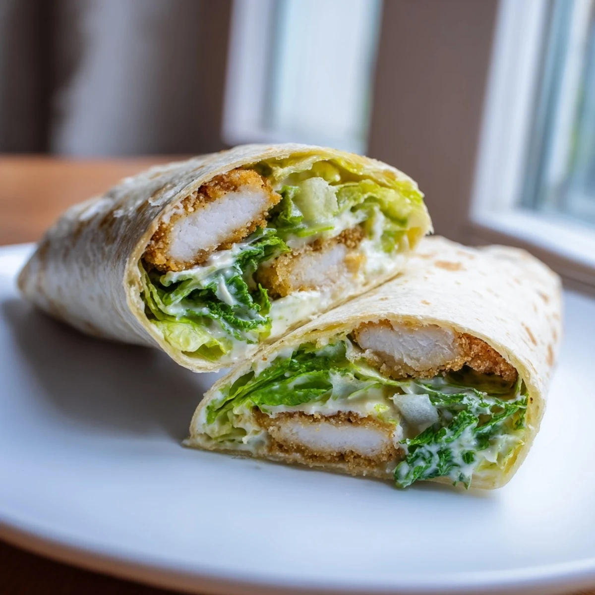 Golden crispy chicken strips nestled on fresh romaine inside a soft flour tortilla for a Crispy Chicken Caesar Wrap.