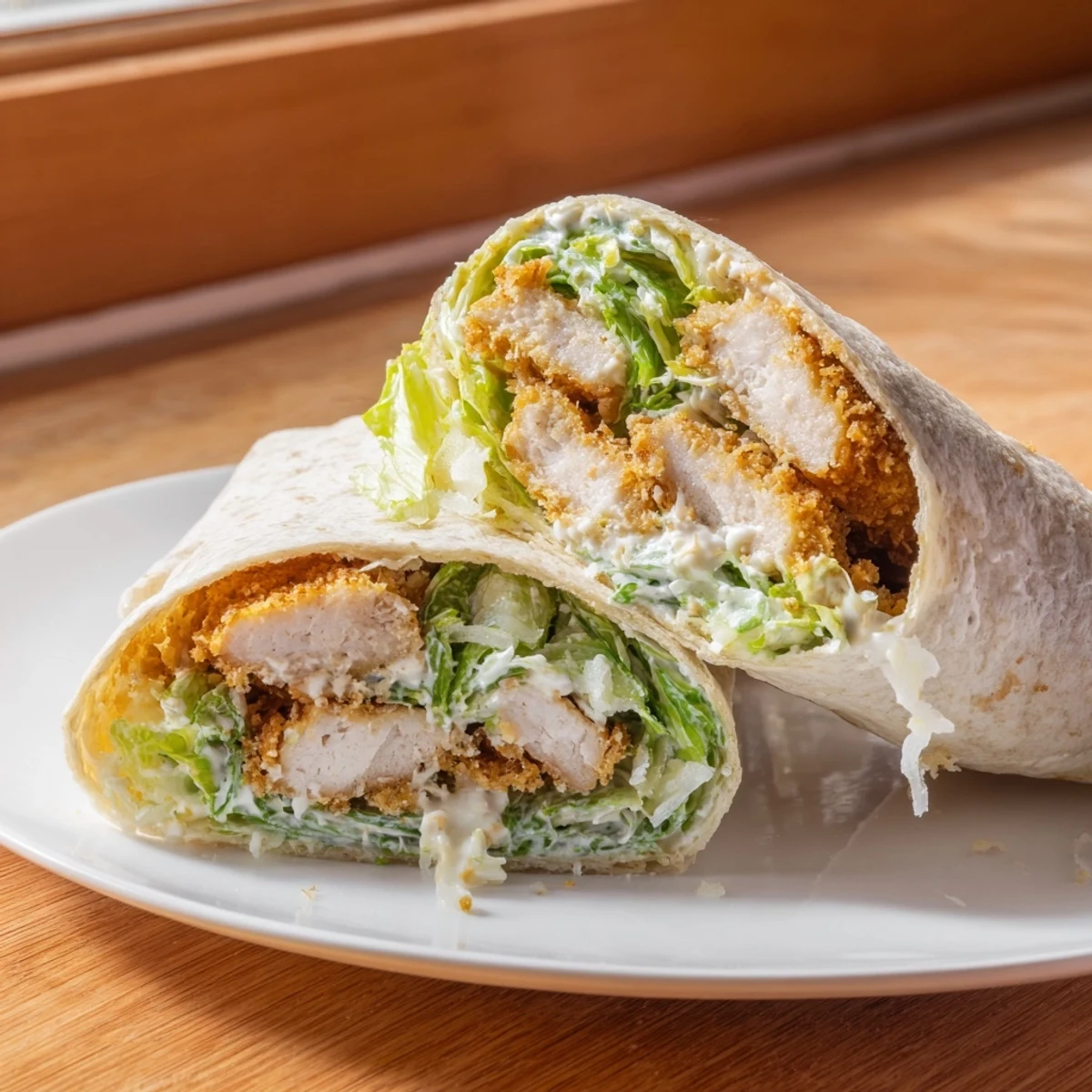 A close-up of a Crispy Chicken Caesar Wrap sliced in half, revealing layers of lettuce, Parmesan, and creamy dressing.