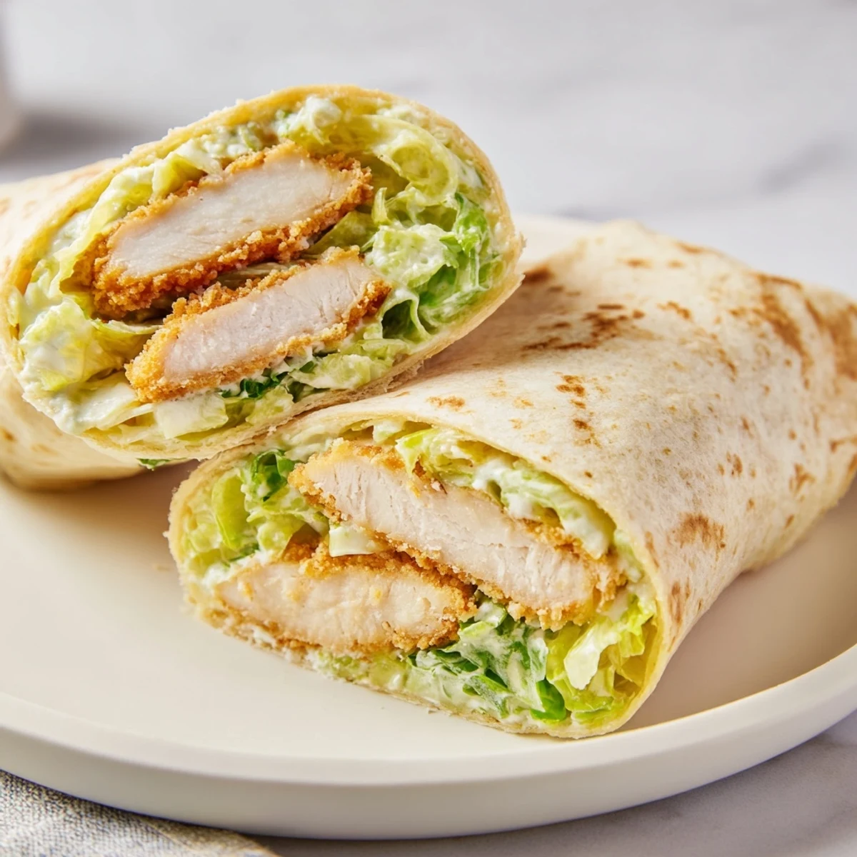A freshly assembled Crispy Chicken Caesar Wrap ready to eat, garnished with black pepper and a lemon wedge.