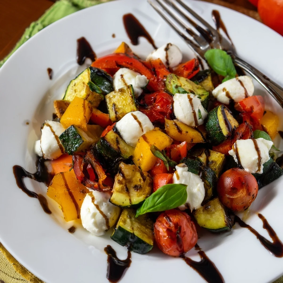 Freshly roasted zucchini, peppers, and tomatoes tossed with creamy mozzarella pearls and drizzled with balsamic glaze.
