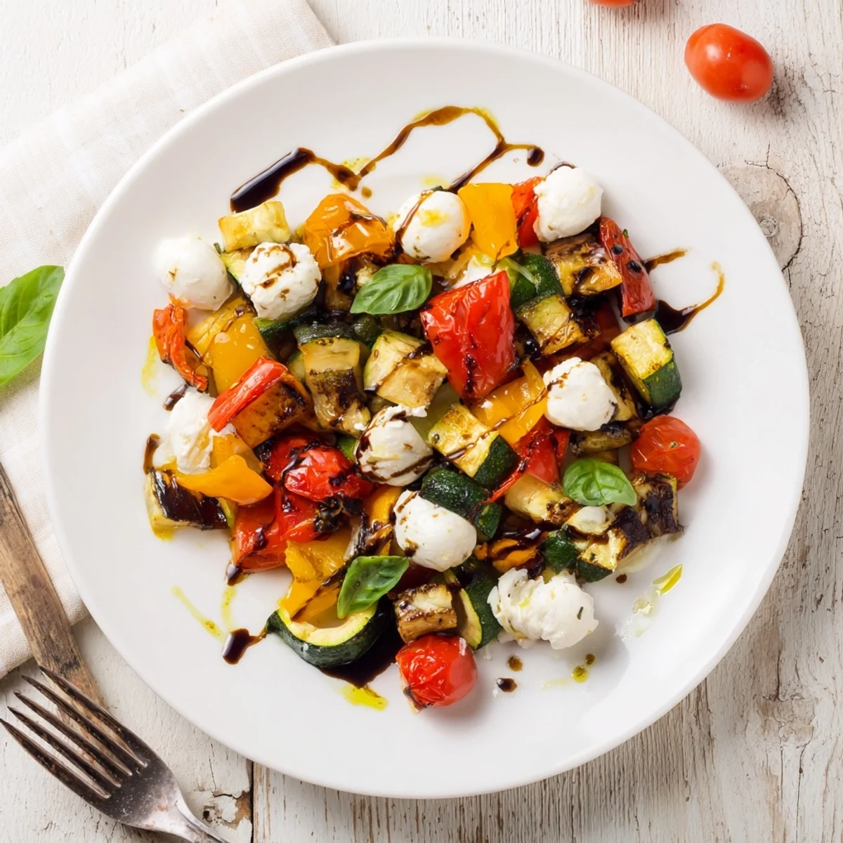 Colorful caramelized vegetables, soft mozzarella, and a honey-balsamic dressing make this Roasted Veggie Caprese Salad perfect for lunch.
