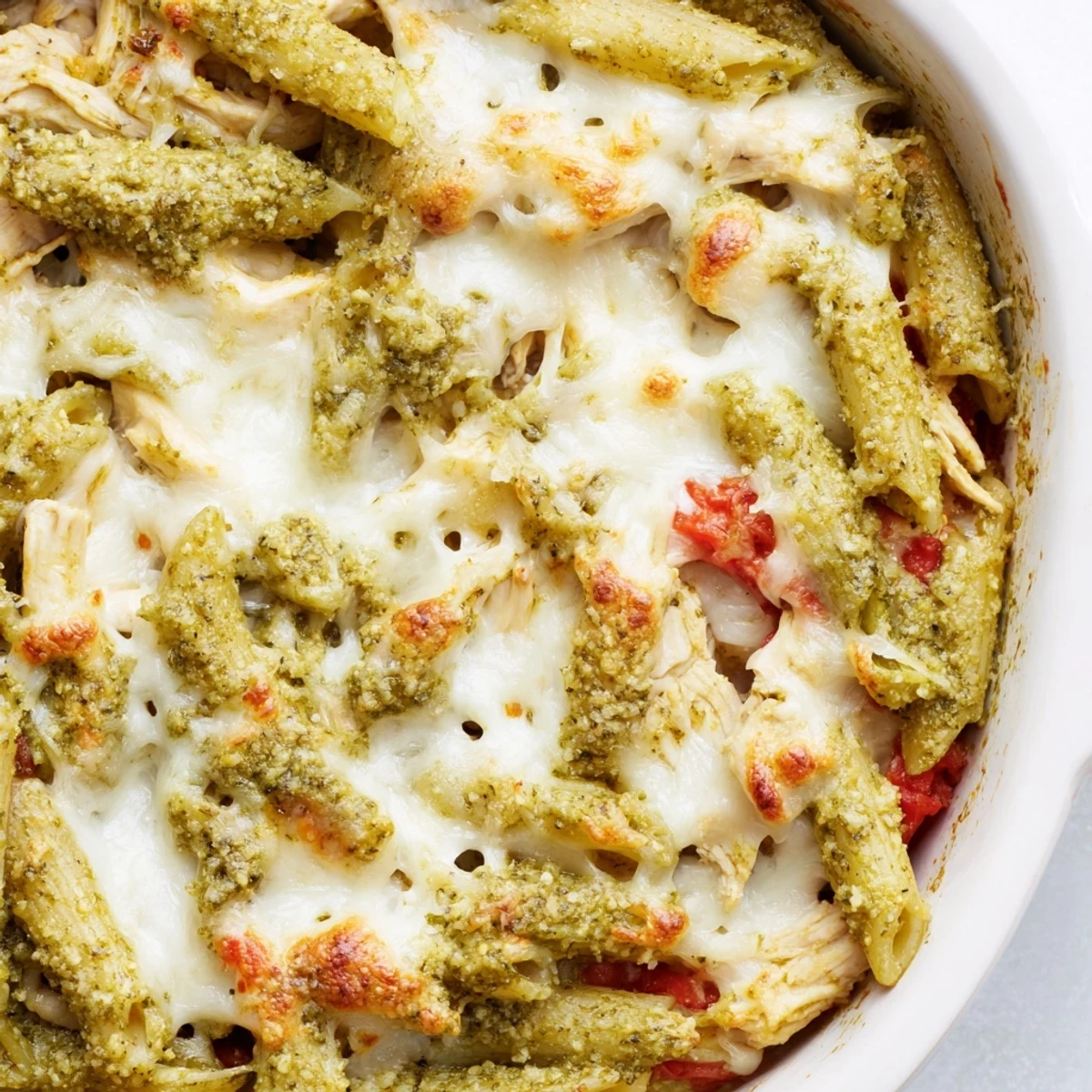 Golden-brown baked Pesto Chicken Pasta with bubbling mozzarella and fresh basil garnish served in a casserole dish.