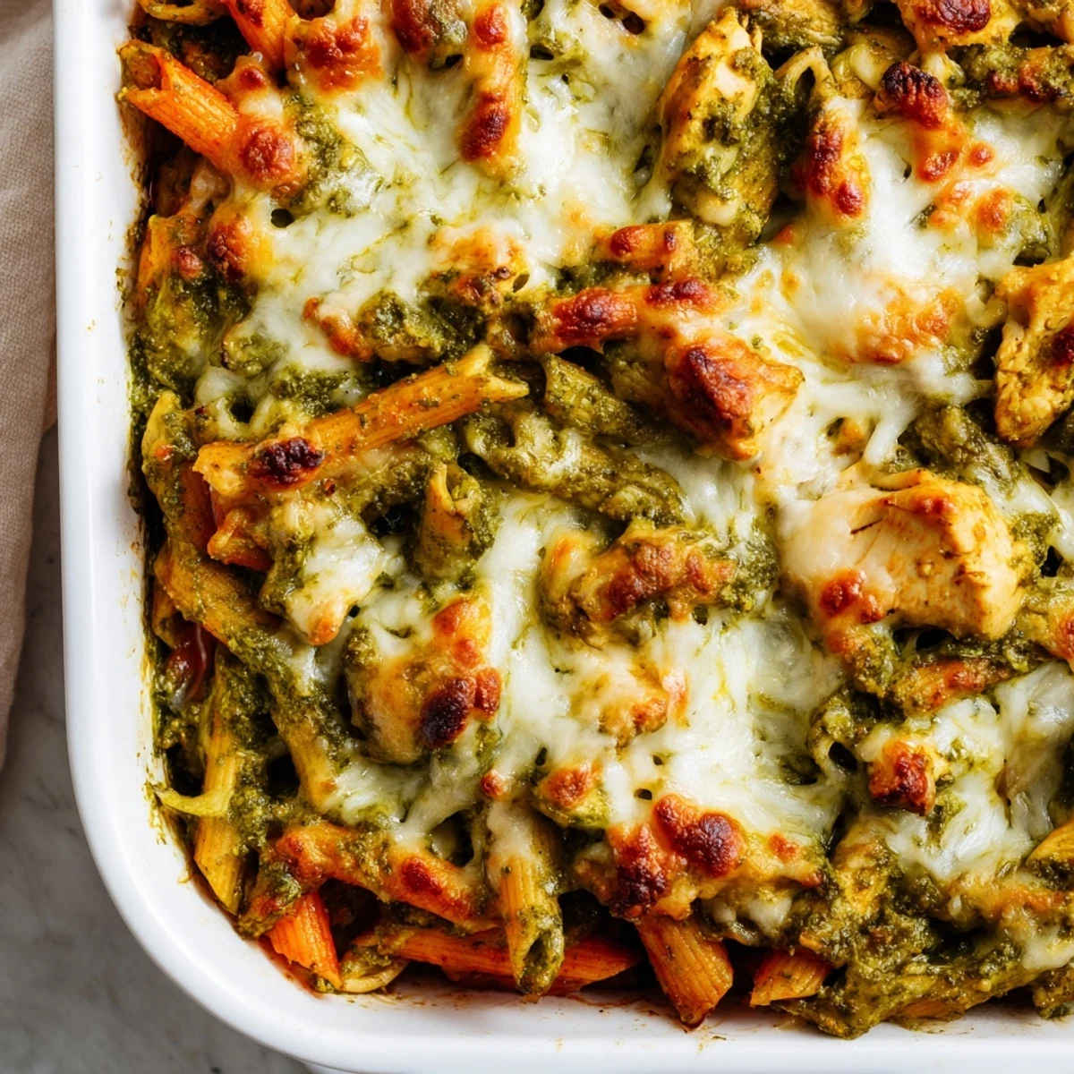 A family-style Pesto Chicken Pasta Bake is ready to serve, with melted cheese and colorful penne noodles in a ceramic dish.