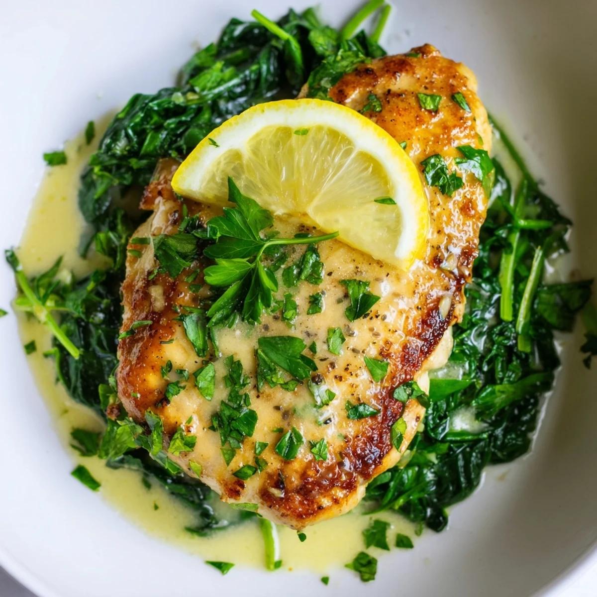 Pan-seared spinach lemon butter chicken in a silky lemon-butter sauce, served alongside fluffy mashed potatoes.  