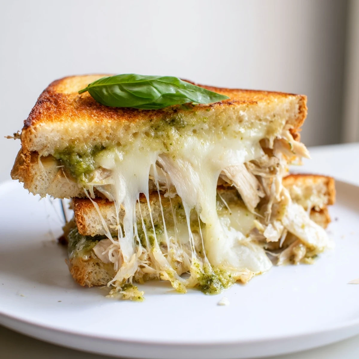 A panini-pressed Mozzarella Pesto Chicken Grilled Cheese rests beside a lemon sparkling water and white wine.