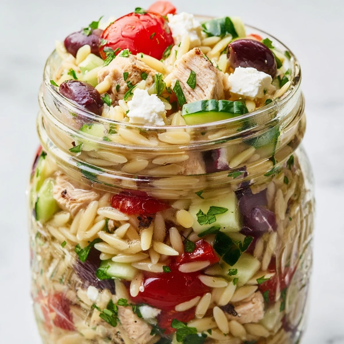 Four glass meal prep jars layered with Greek Pasta Chicken Salad, showcasing colorful cherry tomatoes, cucumber, and crumbled feta.
