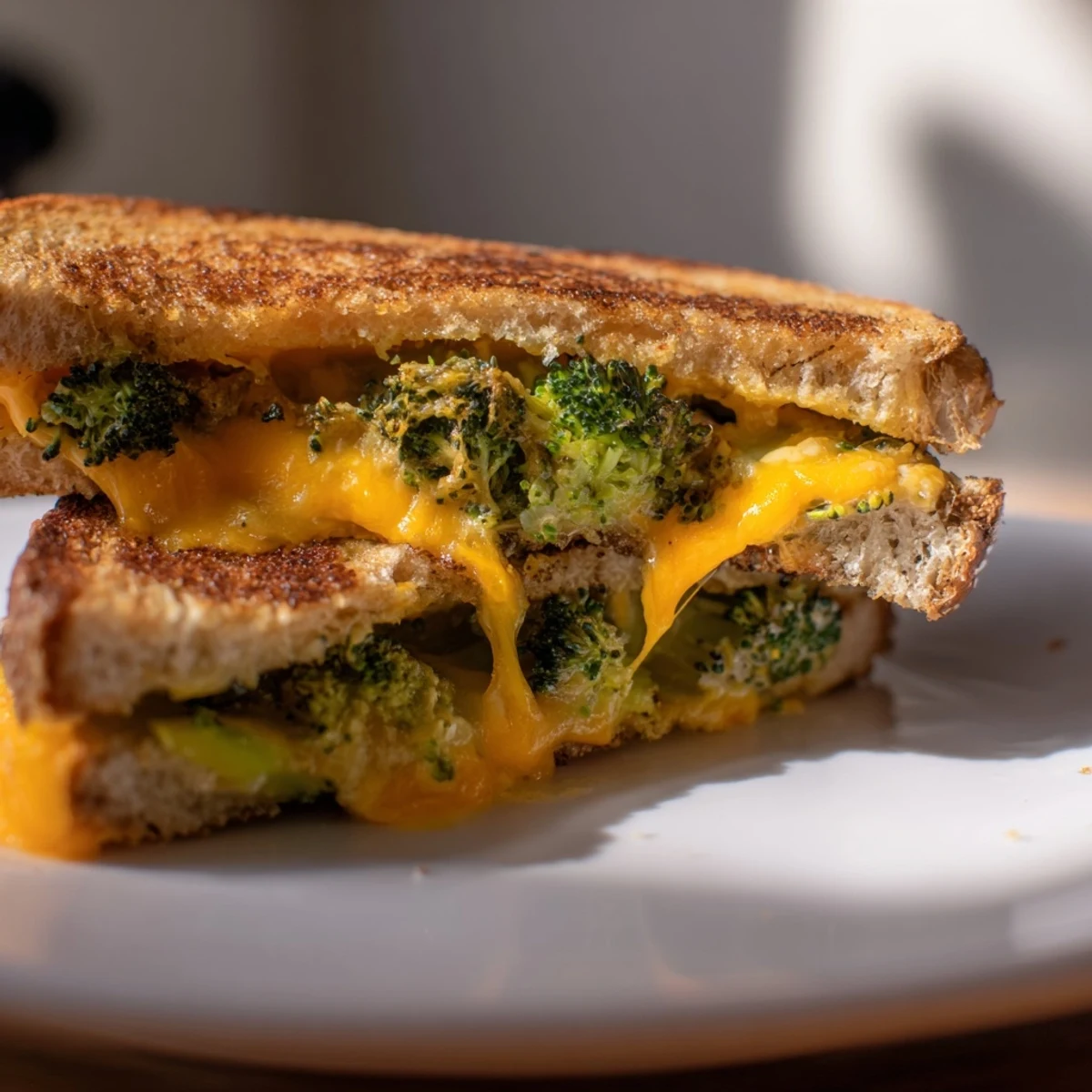 Golden toasted sourdough slices cradle sharp cheddar and caramelized roasted broccoli florets in this vegetarian sandwich.