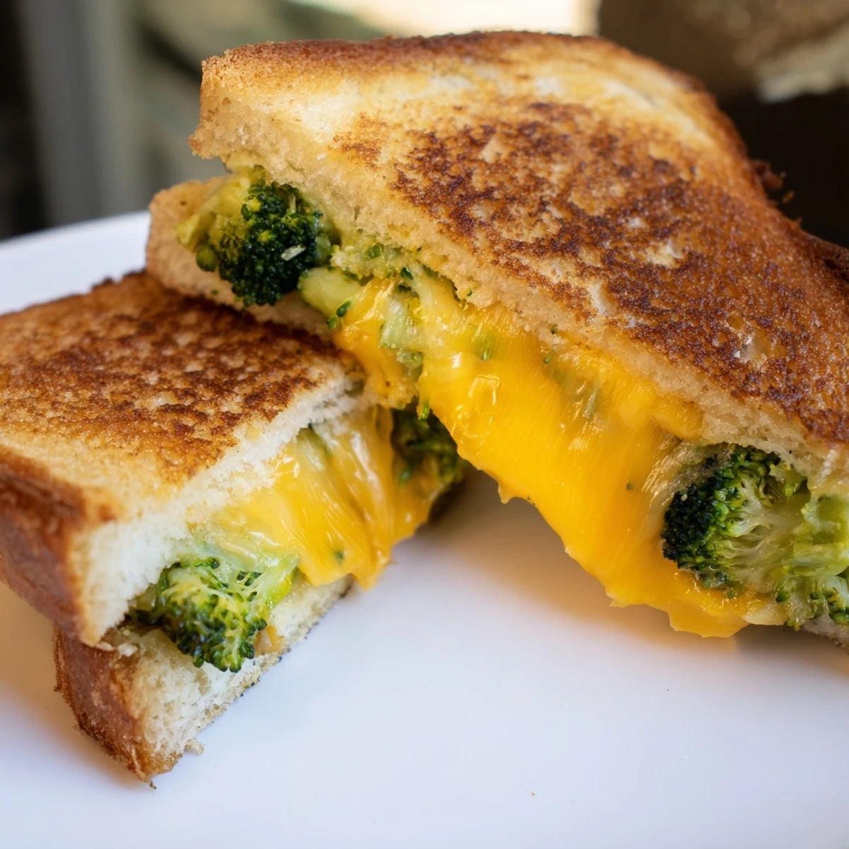 A close-up of a Roasted Broccoli & Cheddar Grilled Cheese shows golden-brown bread and melted cheese.