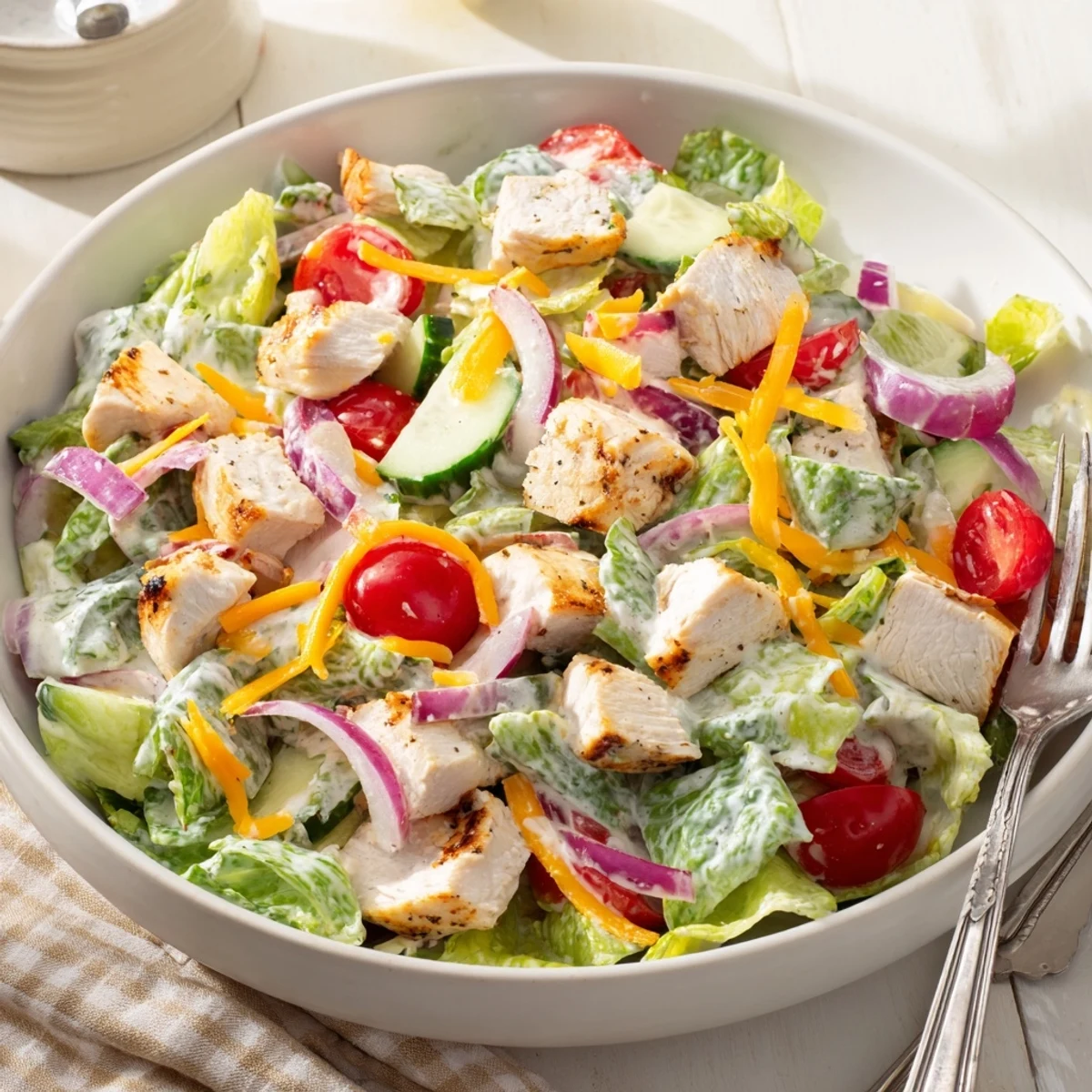 A vibrant serving of Jalapeño Ranch Chicken Salad on a white plate, featuring tender grilled chicken, crisp romaine, and colorful tomatoes.