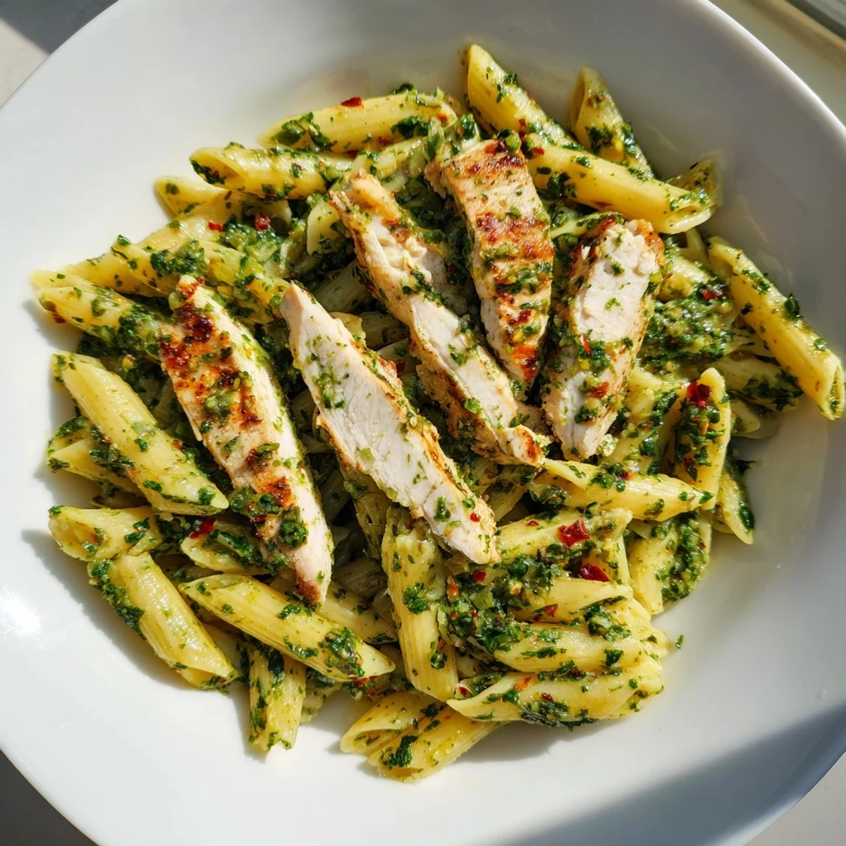 The vibrant Chimichurri Chicken Pasta showcases al dente penne generously coated in a bright green herb sauce.  
