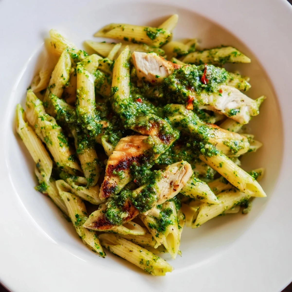 Tender grilled chicken pieces rest atop a warm bowl of Chimichurri Chicken Pasta, garnished with fresh parsley.  