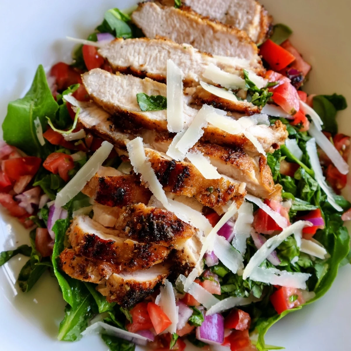 Juicy grilled chicken slices rest on mixed greens, topped with a vibrant tomato-basil bruschetta salad and shaved Parmesan cheese.