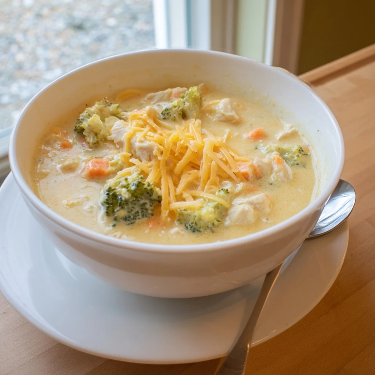 Creamy Chicken Broccoli Cheddar Soup served hot in a rustic bowl with a spoon, garnished with extra cheddar and fresh herbs.