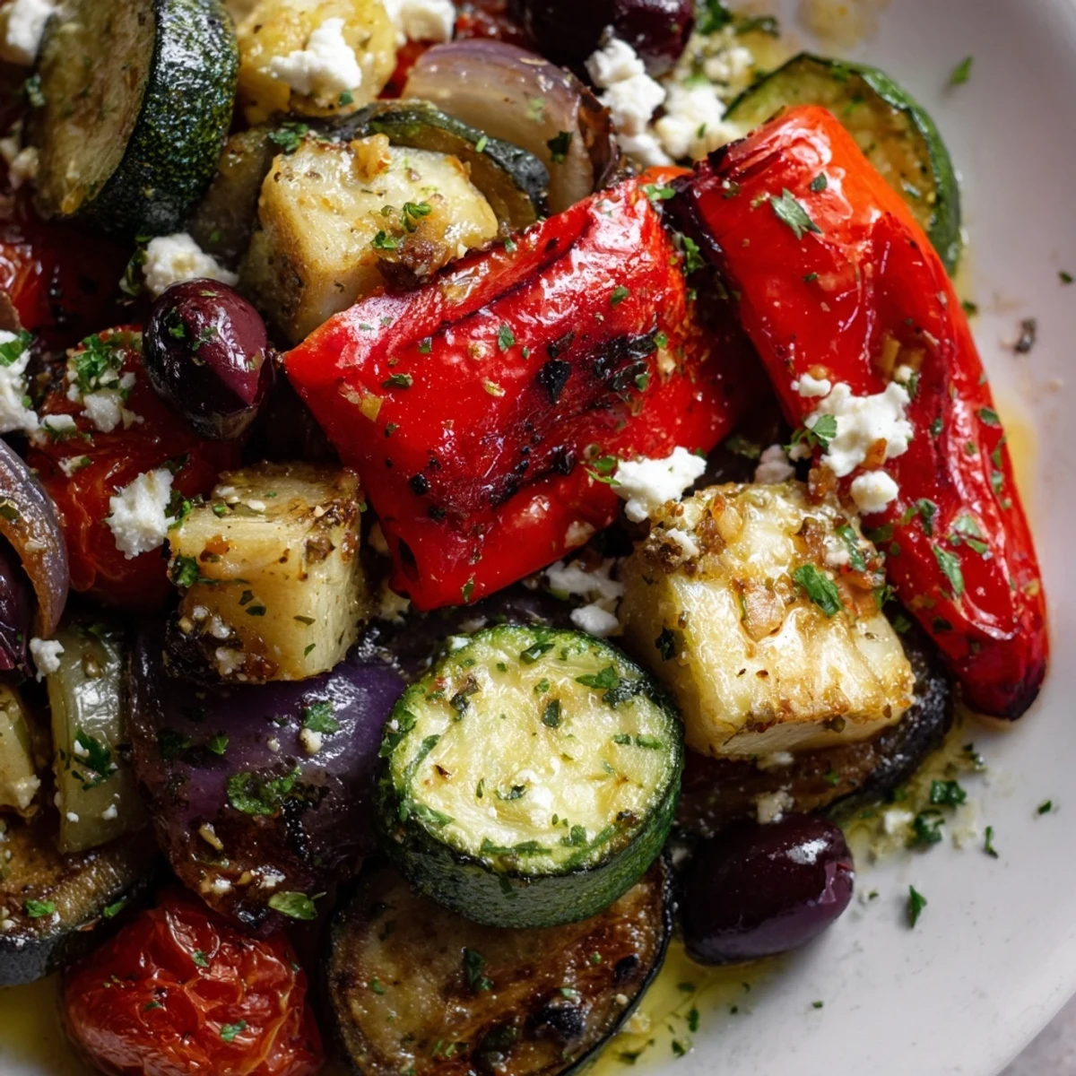Warm roasted Greek salad featuring caramelized bell peppers, zucchini, and feta cheese on a platter.