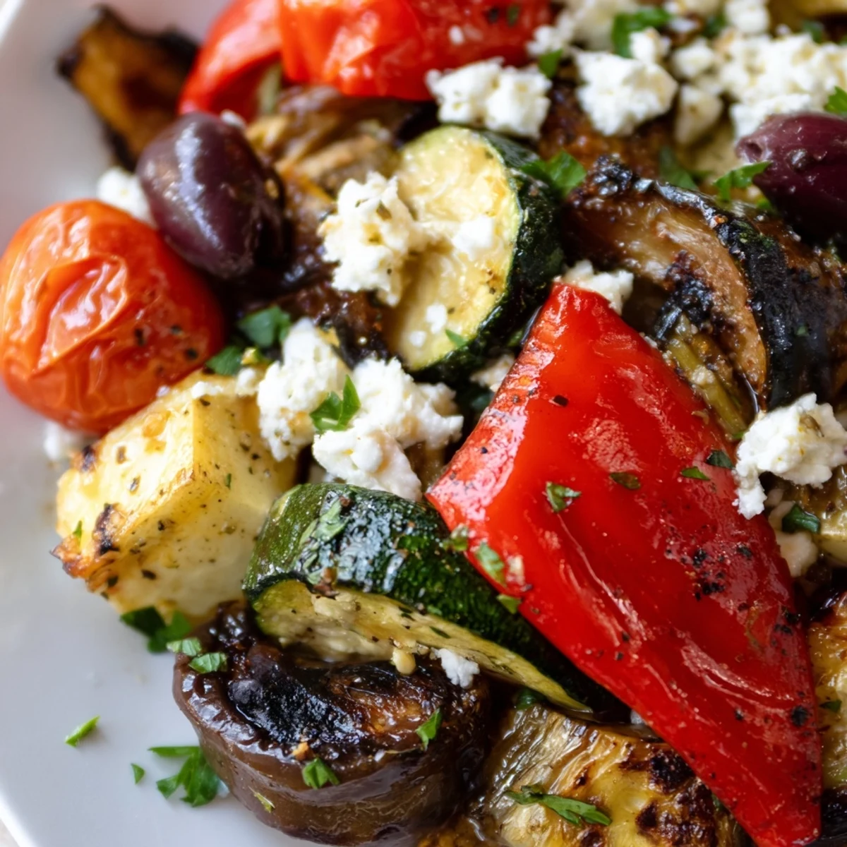 Vibrant Roasted Greek salad topped with crumbled feta and fresh parsley, served warm.