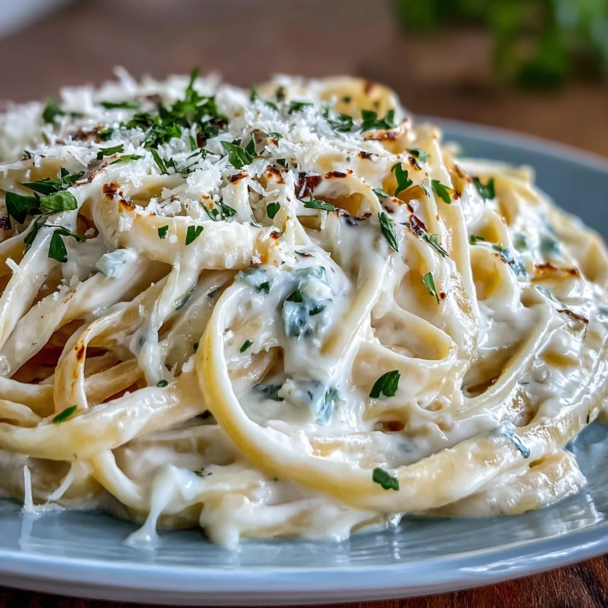 Close-up of delicious Easy Creamy Cauliflower Alfredo pasta bathed in rich sauce.