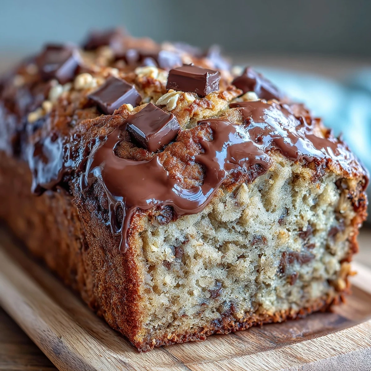 Moist Chocolate Chip Peanut Butter Oatmeal Banana Bread with melty chips ready for slicing.