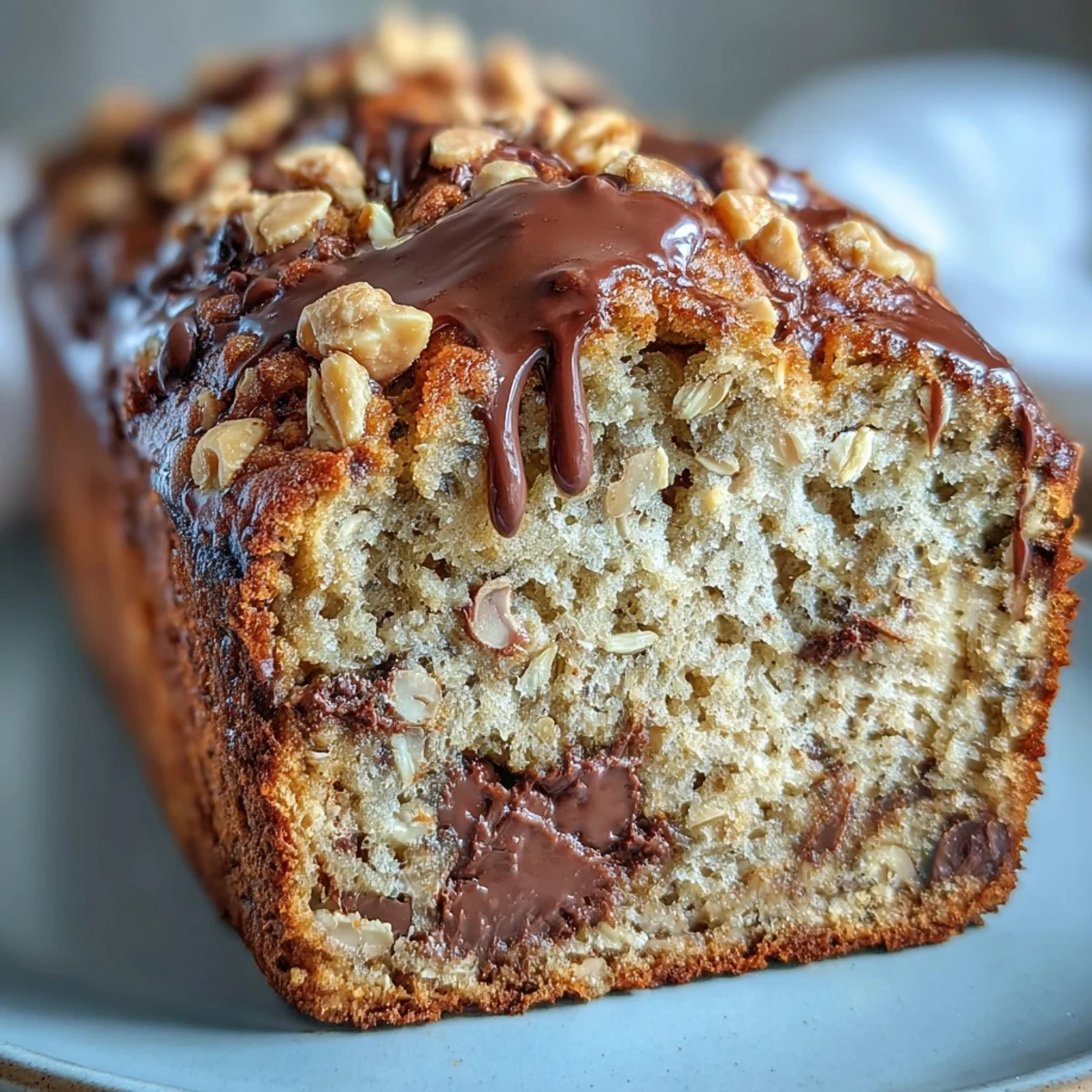 Golden-brown Chocolate Chip Peanut Butter Oatmeal Banana Bread topped with nuts and chips.