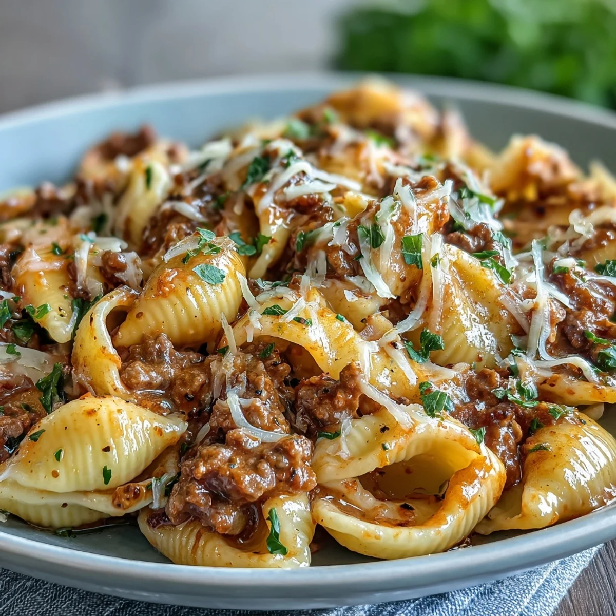 Creamy beef and shells dish topped with fresh parsley, ready for dinner.