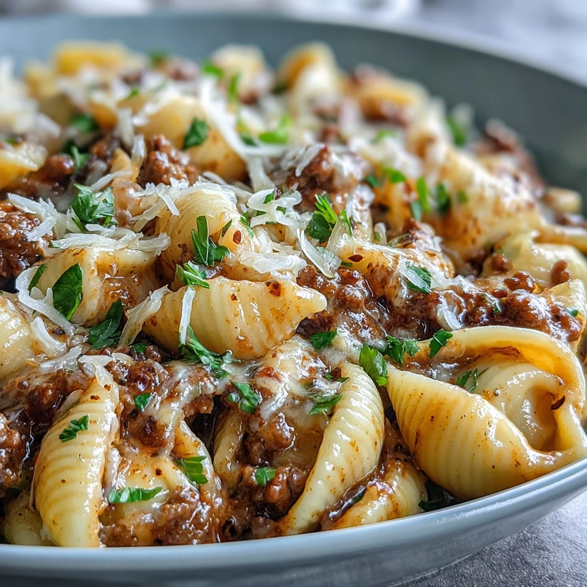 Hearty one pot creamy beef and shells, a comforting weeknight meal.
