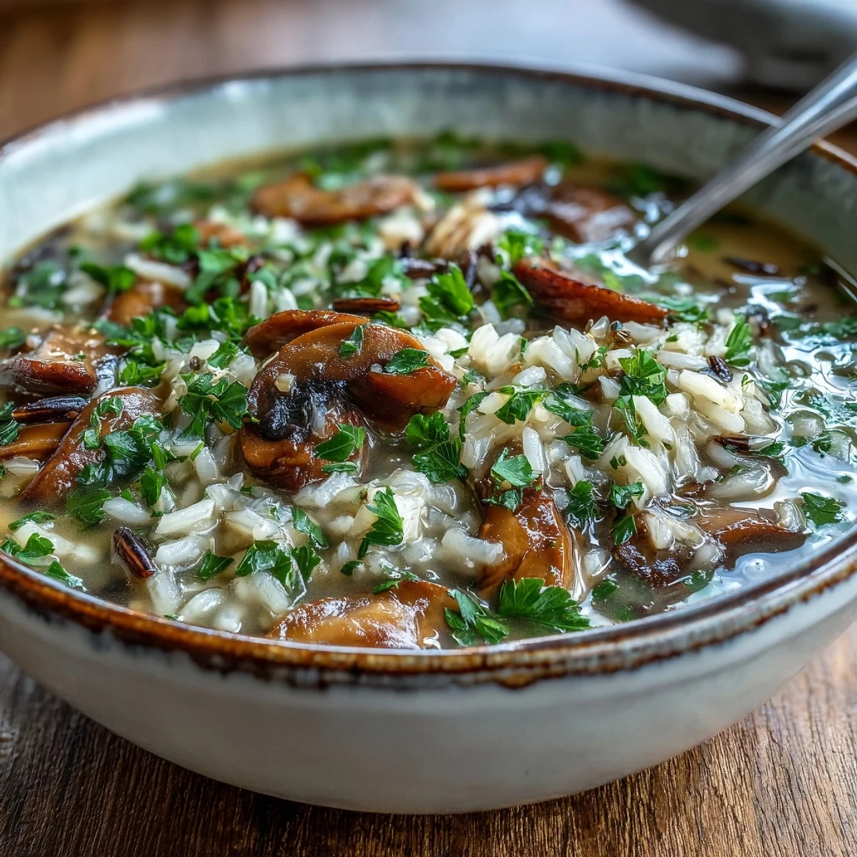 Creamy Wild Rice Mushroom Soup with thyme and parsley garnish, steaming in a rustic bowl.