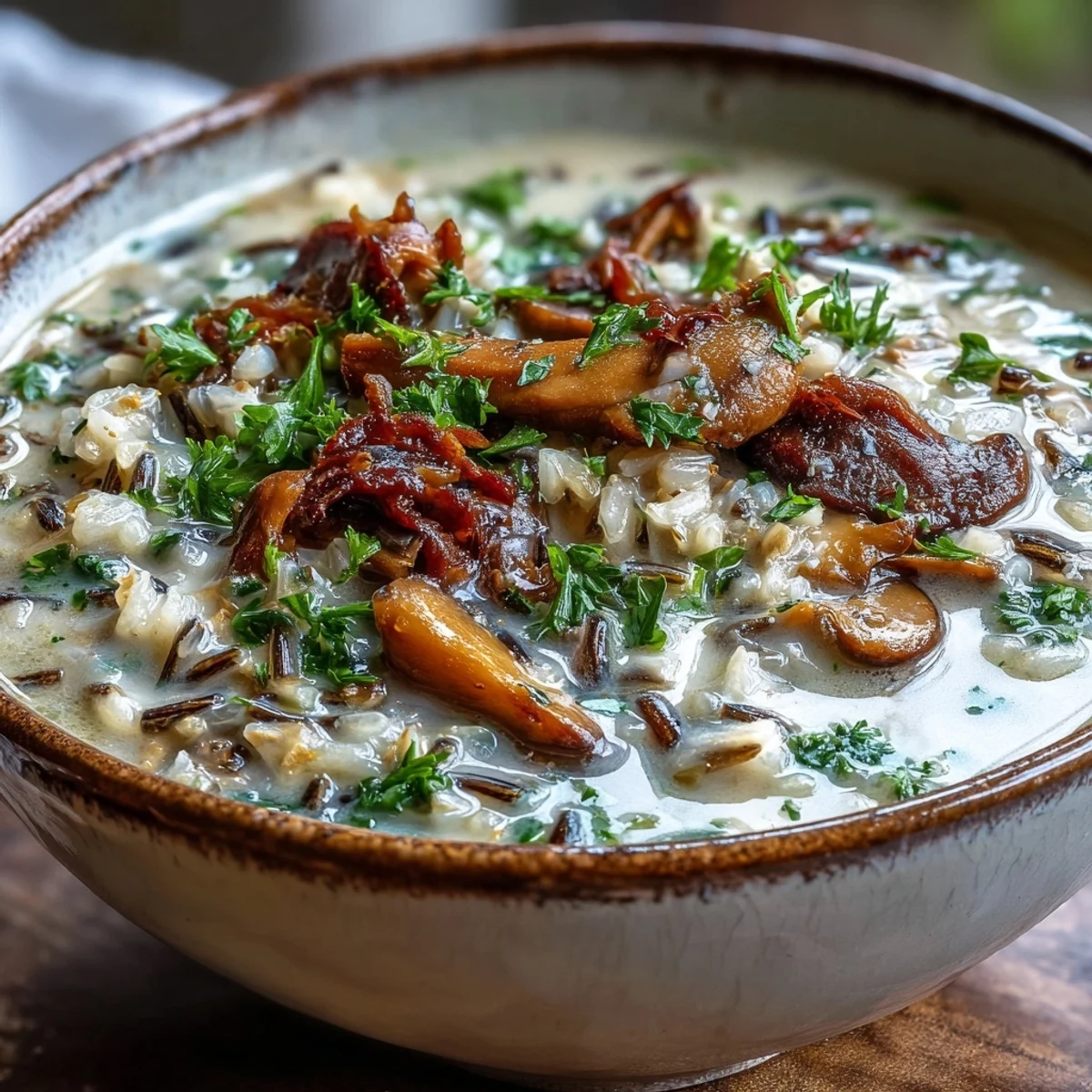 Spoon lifting rich, creamy Wild Rice Mushroom Soup topped with fresh herbs and tender mushrooms.