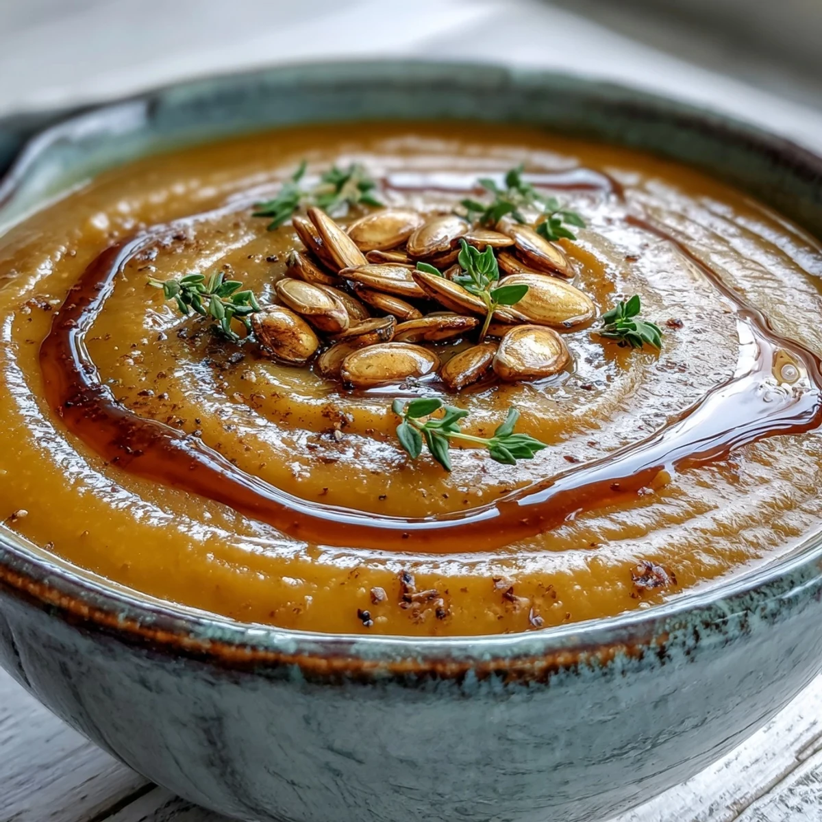 Creamy homemade Butternut Squash Soup with cinnamon and nutmeg, garnished with pumpkin seeds and thyme. 