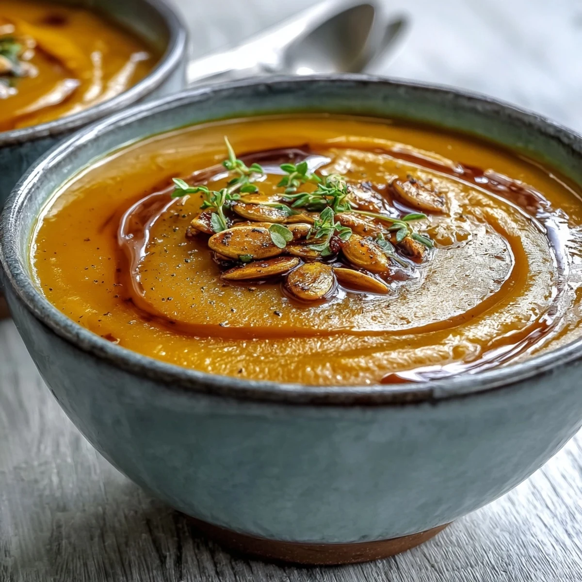 Velvety roasted Butternut Squash Soup served hot in a rustic bowl, ready for a cozy dinner. 