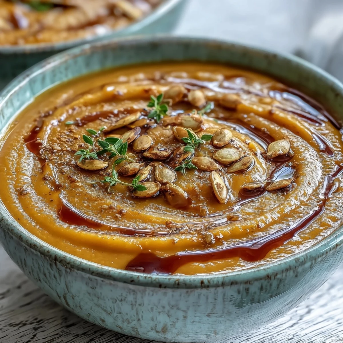 Golden Butternut Squash Soup in a white bowl with a maple drizzle and toasted seeds.