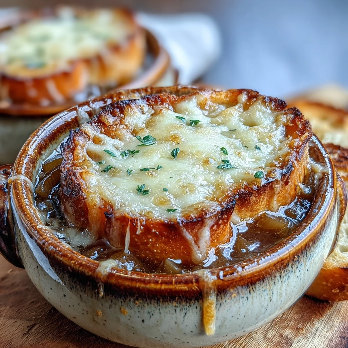 Steaming hot French Onion Soup with golden, melted Gruyère bubbling over a toasted baguette slice.