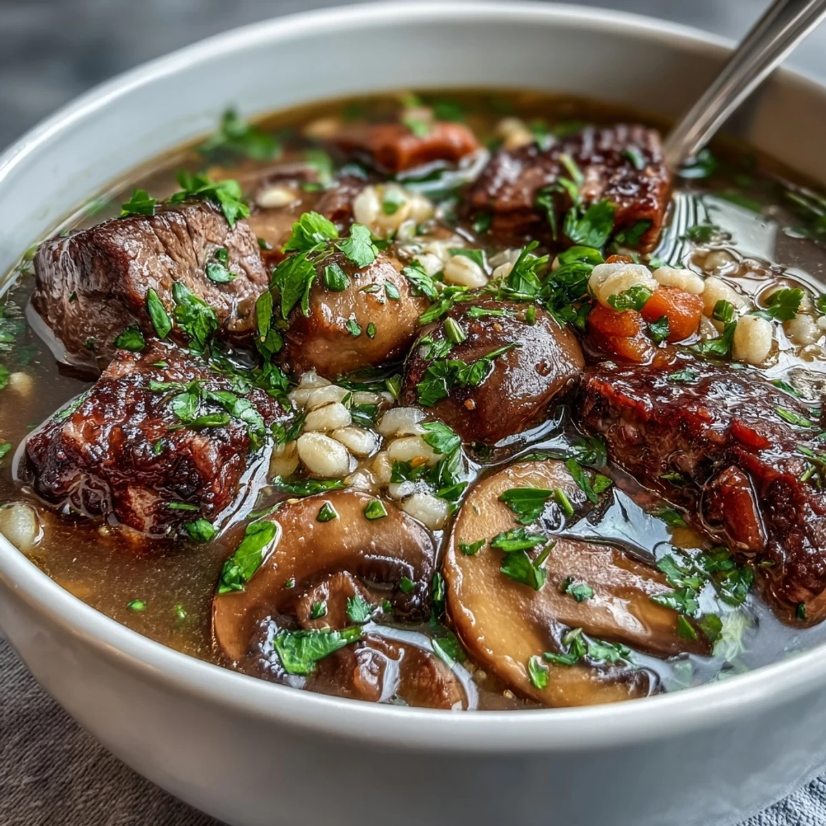 Steamy bowl of Beef and Barley Soup with Mushrooms, featuring tender beef and earthy baby bellas.