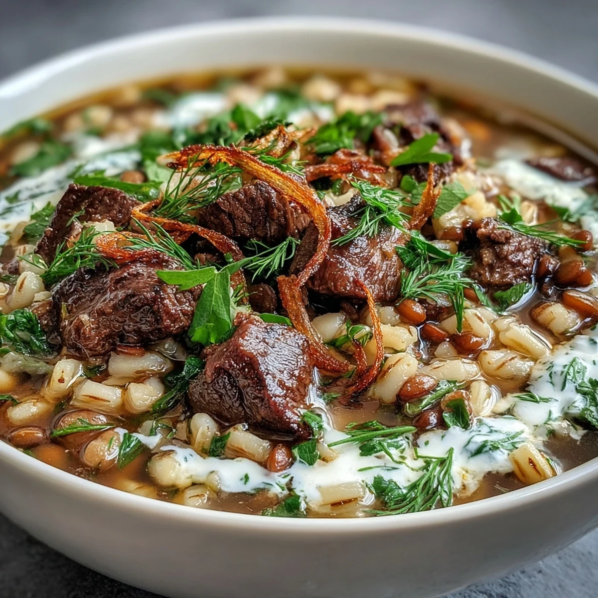 A bowl of hearty Beef Barley Soup topped with golden mint-fried onions and a creamy swirl of sour cream.