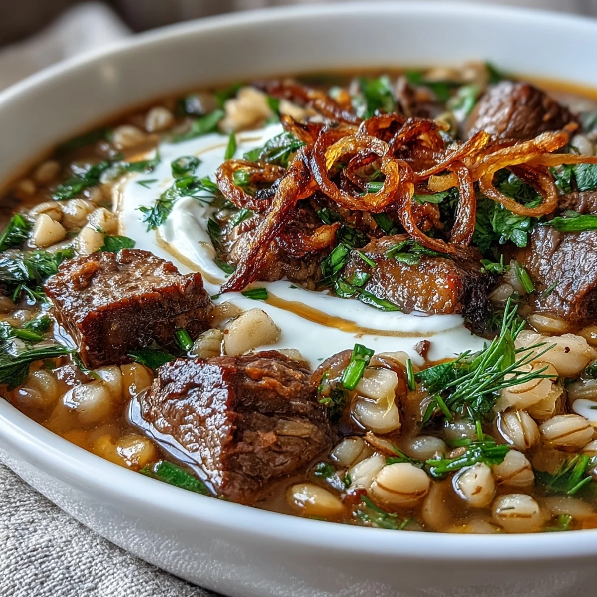 Steaming pot of Persian-inspired Beef Barley Soup with lentils, beans, and fresh greens, ready to serve.