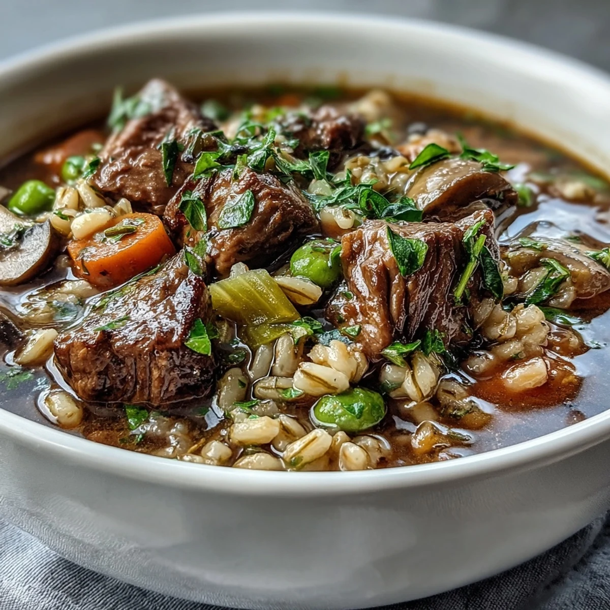 Hearty Beef and Barley Soup in a rustic bowl with tender beef, carrots, and peas, served with crusty bread.