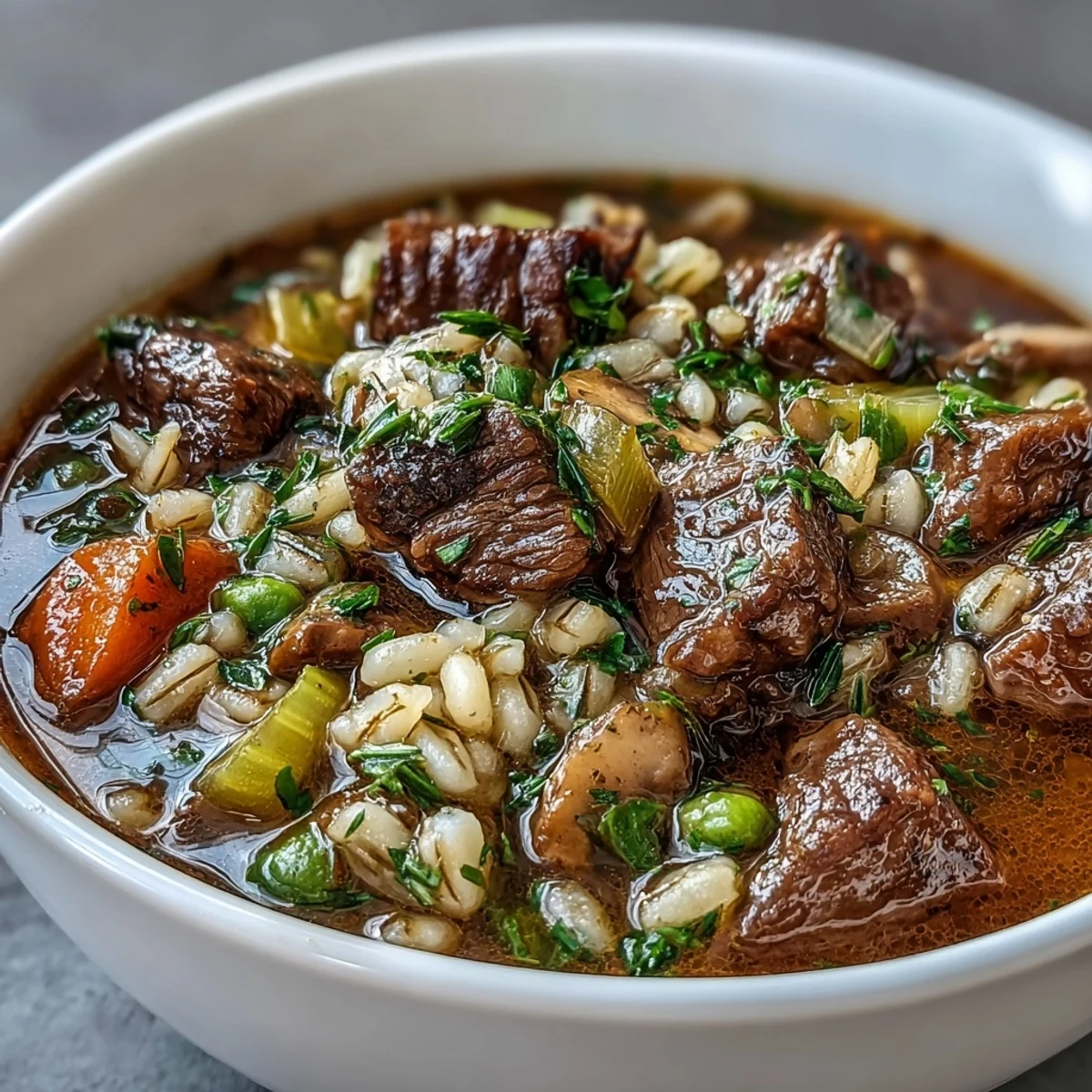A ladle of steaming Beef and Barley Soup reveals rich broth, mushrooms, and pearl barley above a cutting board.