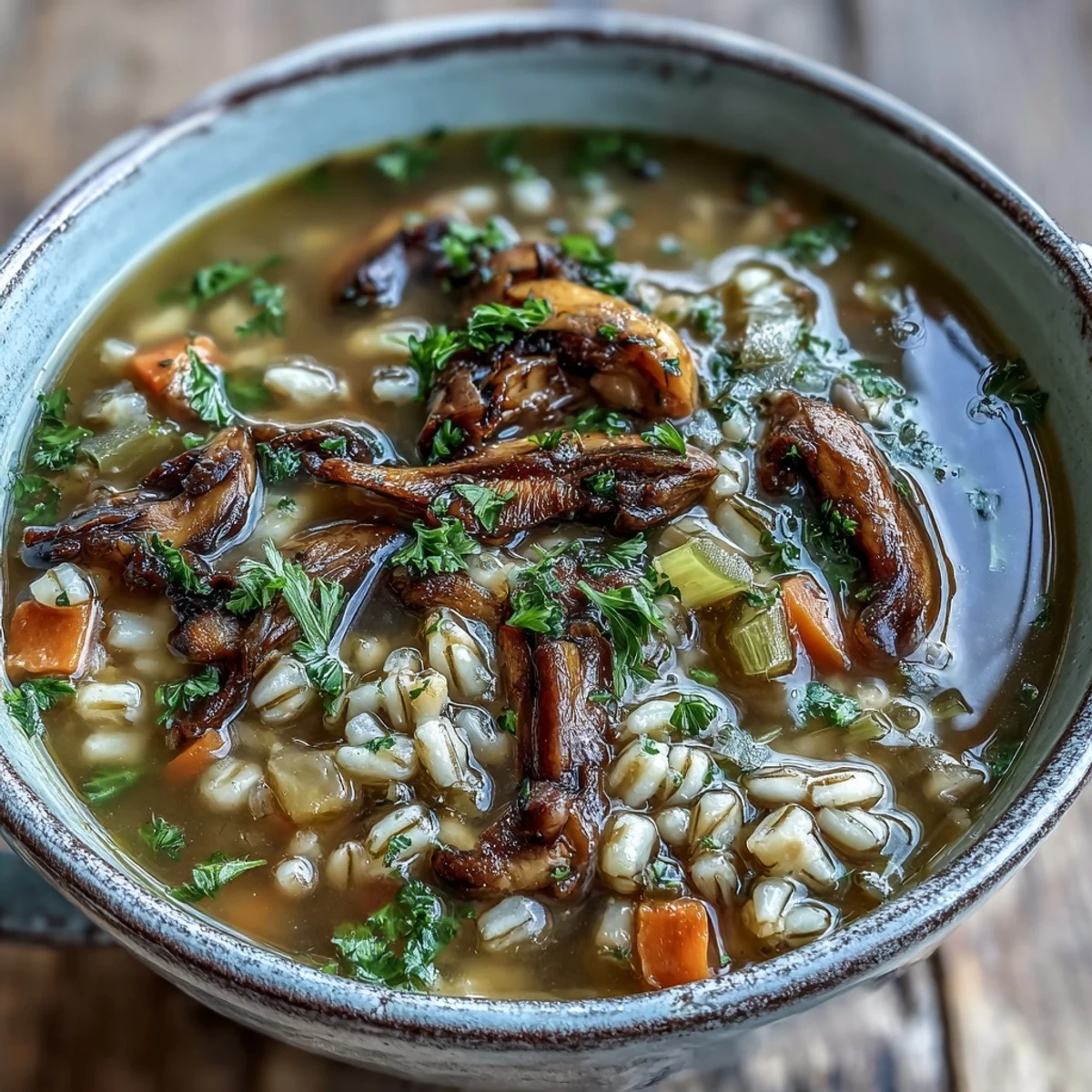 Mushroom Barley Soup simmering in a pot with steam, showcasing tender shiitakes and carrots in a rich broth. Served with rustic bread.